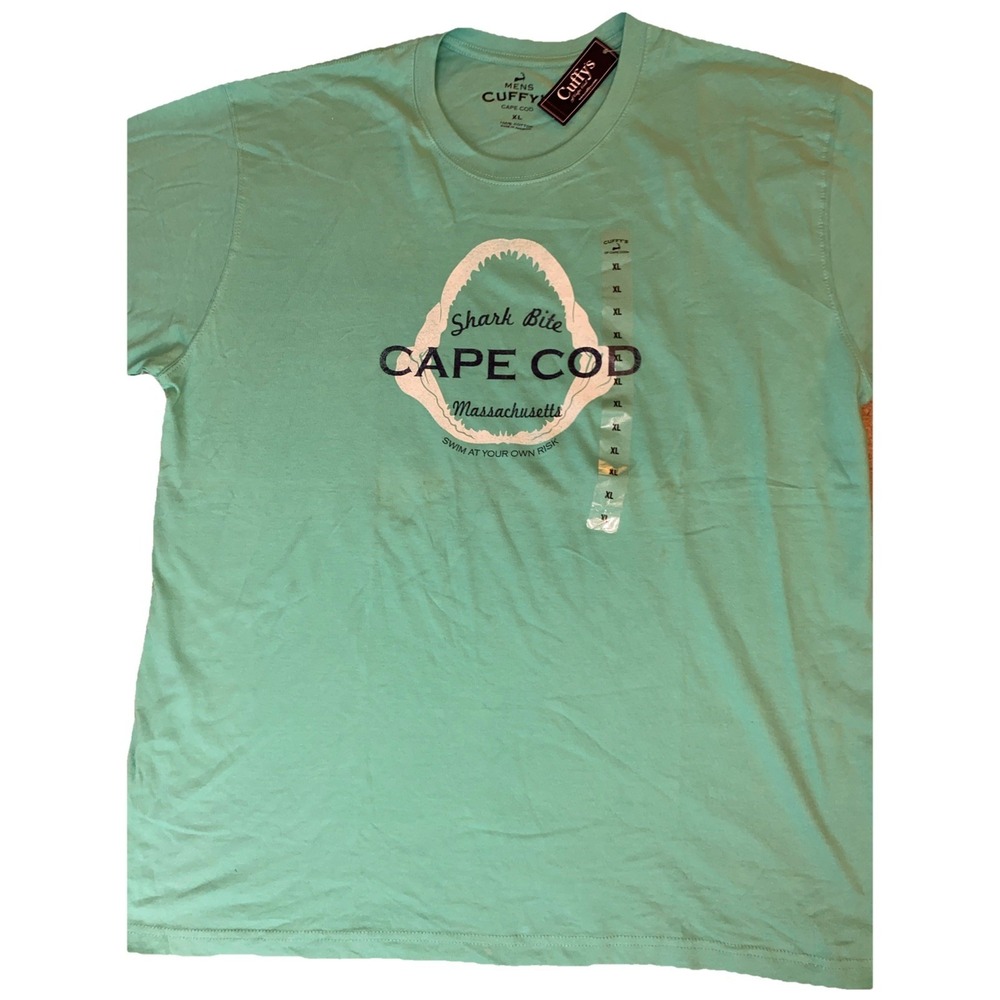 New Shark Bite Graphic Tee Shirt Size XL Mint Green Cotton Cuffys Cape Cod